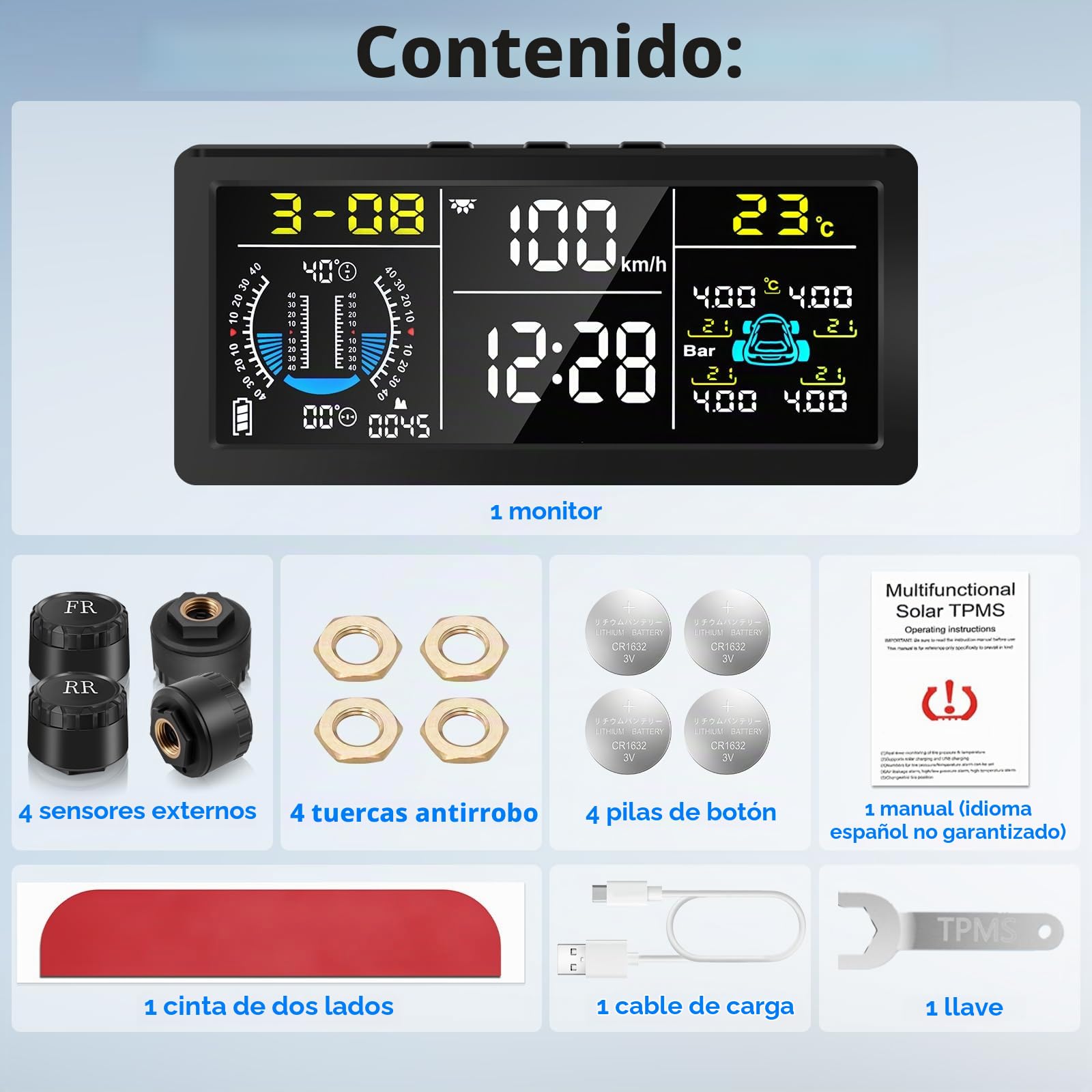 TPMS Sistema de Monitoreo de Presión de Neumáticos Solar 0-199 PSI | 6 Modos de Alarma, Indicador de Pendiente/Velocidad/Altitud/Hora, con Pantalla LCD, con Sensor de Cobre IP67 para Coche