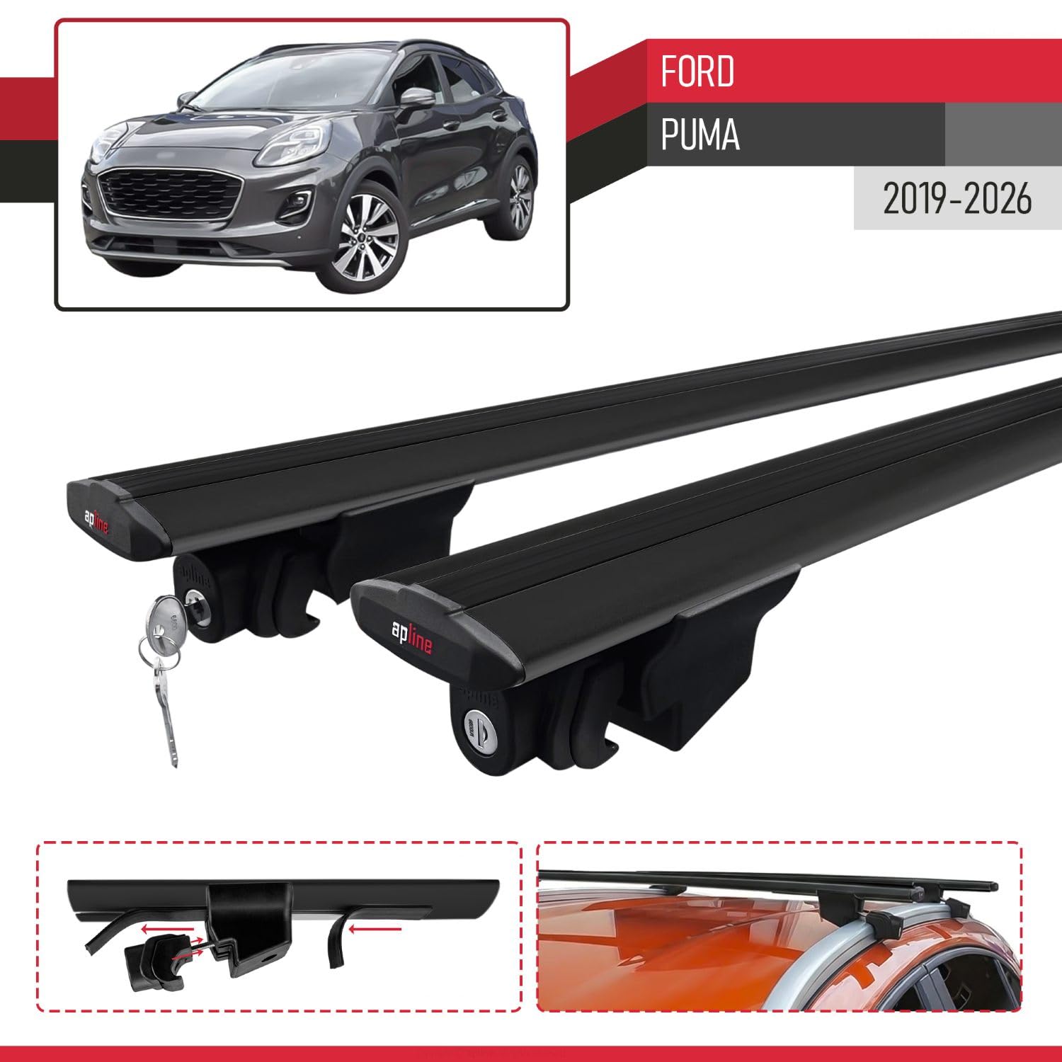 Compatible con Ford Puma 2019-2026 Modelo Hook Barra de Techo Auto Portaequipajes Barras Transversales Negro Aluminio 2 Barras