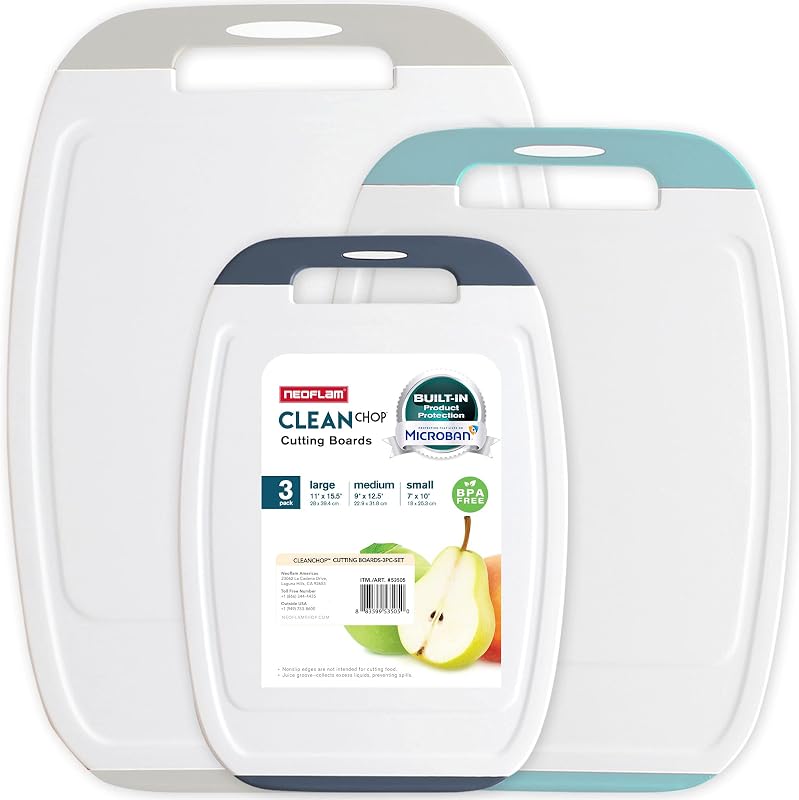 Microban Protection Cutting Board 3 Piece Set, Stain & Odor/BPA Free, Reversable Board, Upgraded Larger Juice Groove, Non-Slip EZ Grip Handle, Dishwasher Safe,Grey