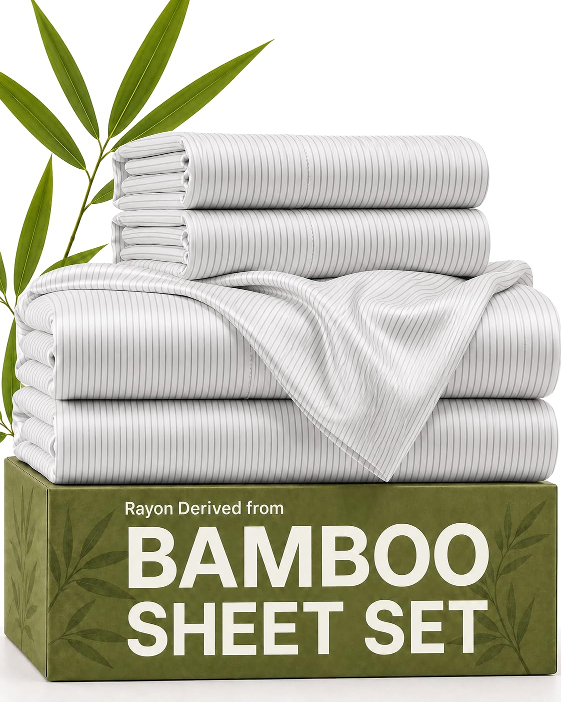 100% Rayon Derived from Bamboo - Bed Sheets Set Queen Size - Grey Pinstripe