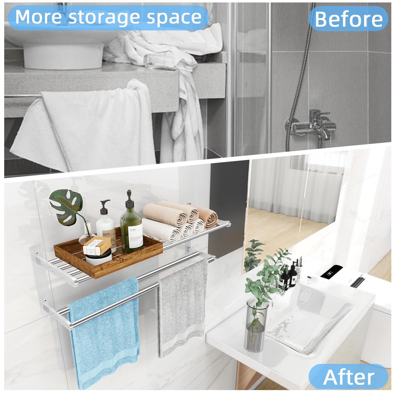 KLJKPA Toalleros de 24 pulgadas para baño, montaje en pared, níquel cepillado | Toallero de 2 niveles con barra de toalla doble, soporte para toallas, almacenamiento de toallas, acero inoxidable