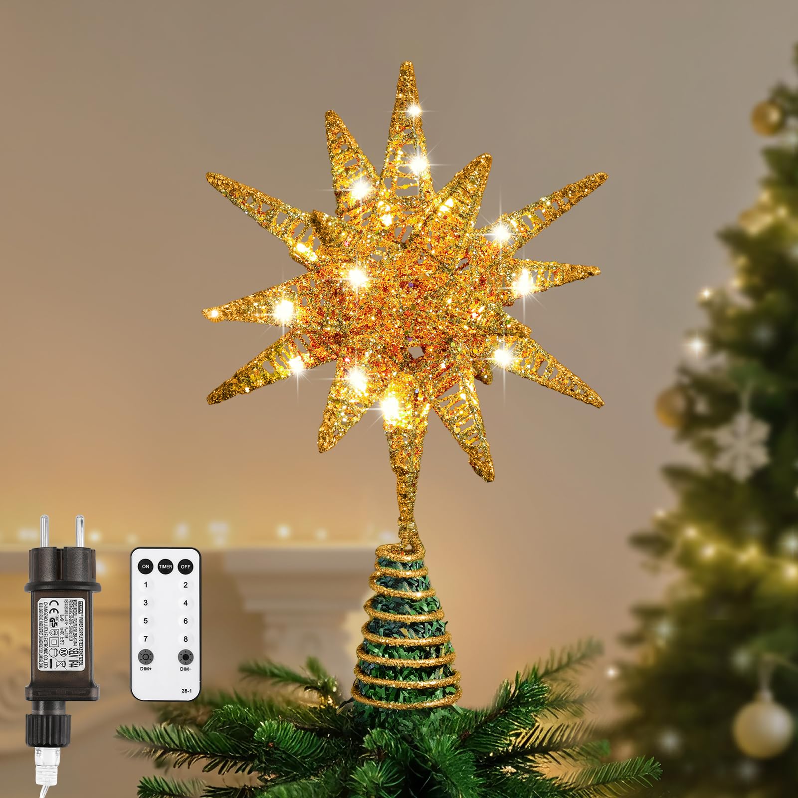 Lewondr Estrella para Árbol de Navidad, 11" Enchufable y Control Remoto Estrella de Copa Geométrica 3D Iluminada para Decoración Navideña, Función Temporizador y Cable 5m, Luz Cálida, Oro
