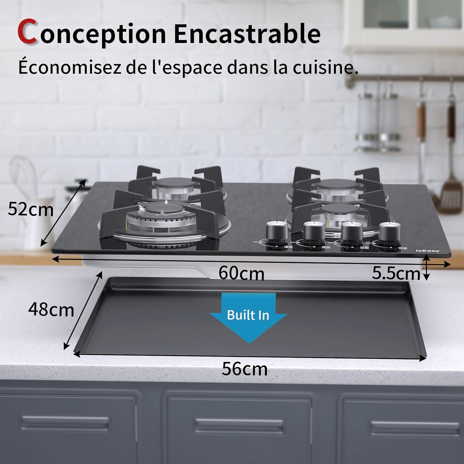 Diagram showing the dimensions for built-in installation of the gas hob