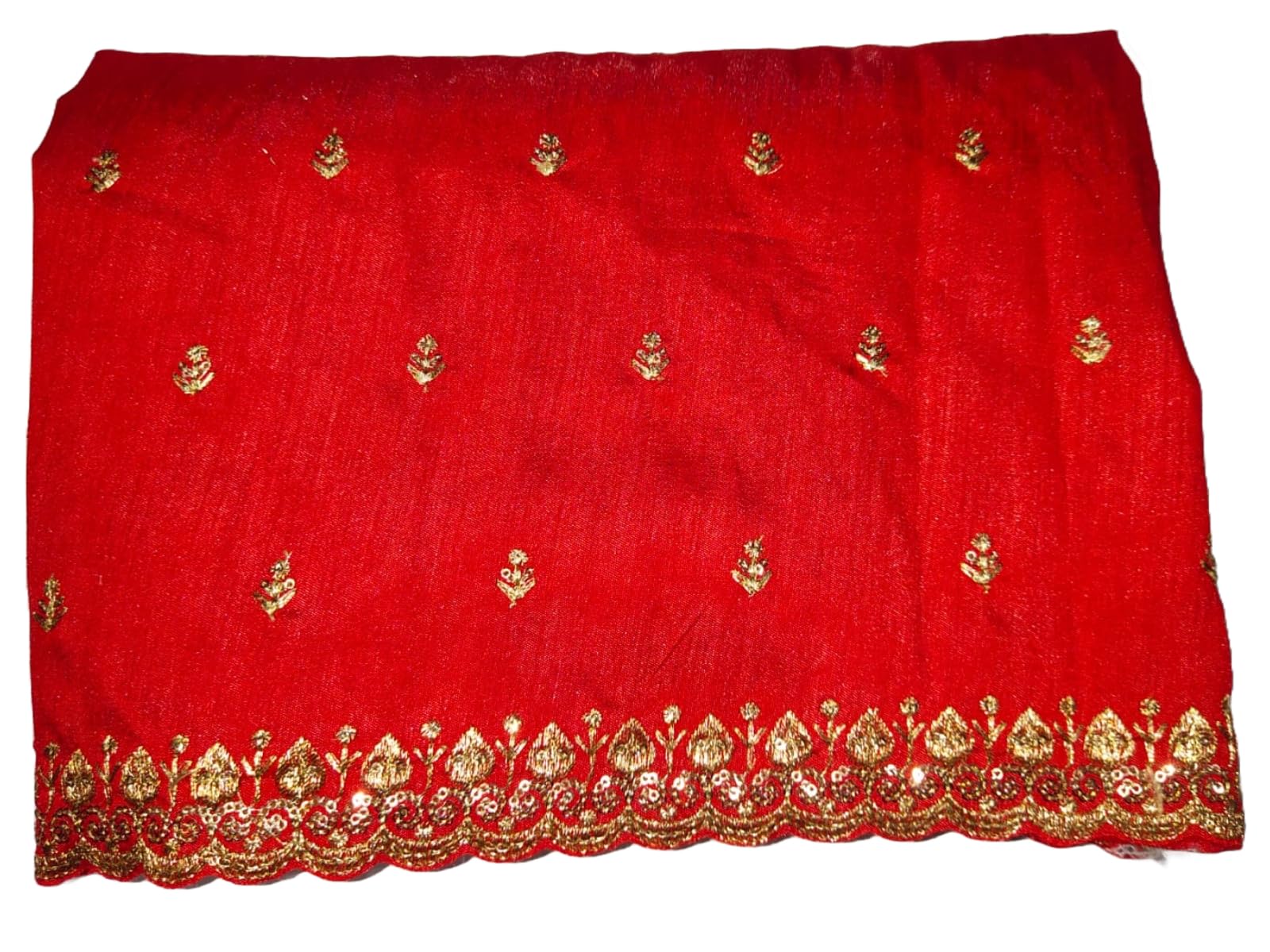 Red Raw Silk Blouse Material with Gold Embroidered Border and Motifs-image-27