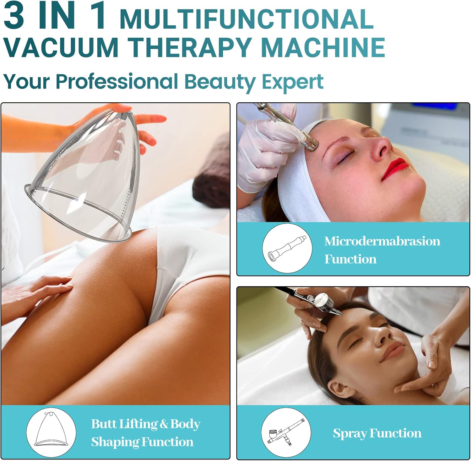 MYSWEETY Vacuum Therapy Machine, 3 in 1 Mutilfunction Cupping Therapy Sets, Professional Facial Skin Care Machine with Spray Gun Beauty Deviece for Salon/Home Use (0-80 cmHg | 1800ML) - Image 2