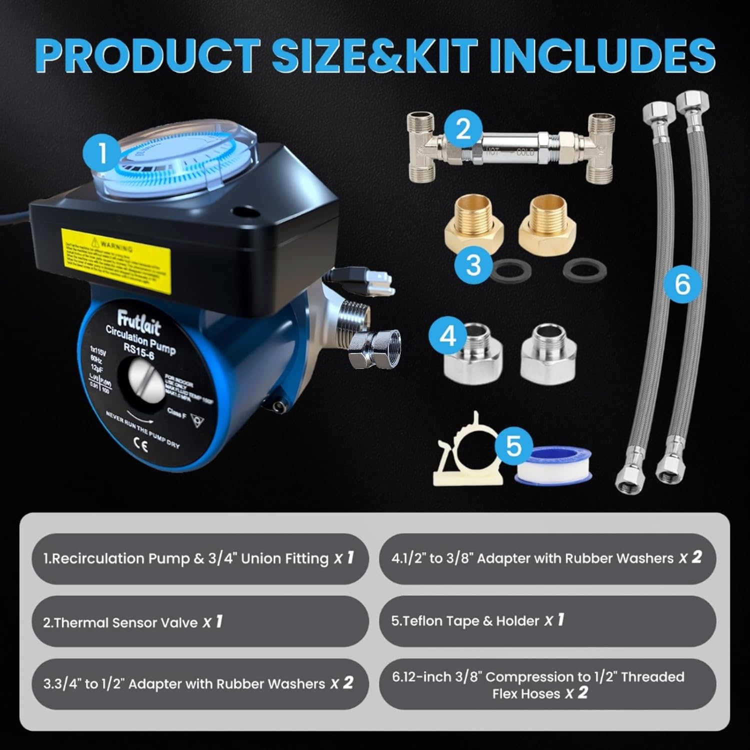 Hot Water Recirculating Pump with Programmable Timer, 304SS Sensor Valve, Instant Hot Water, Quiet Energy-Efficient Circulation System, Includes Pump, 2 Adapters, 2 Supply Lines, Easy DIY Install