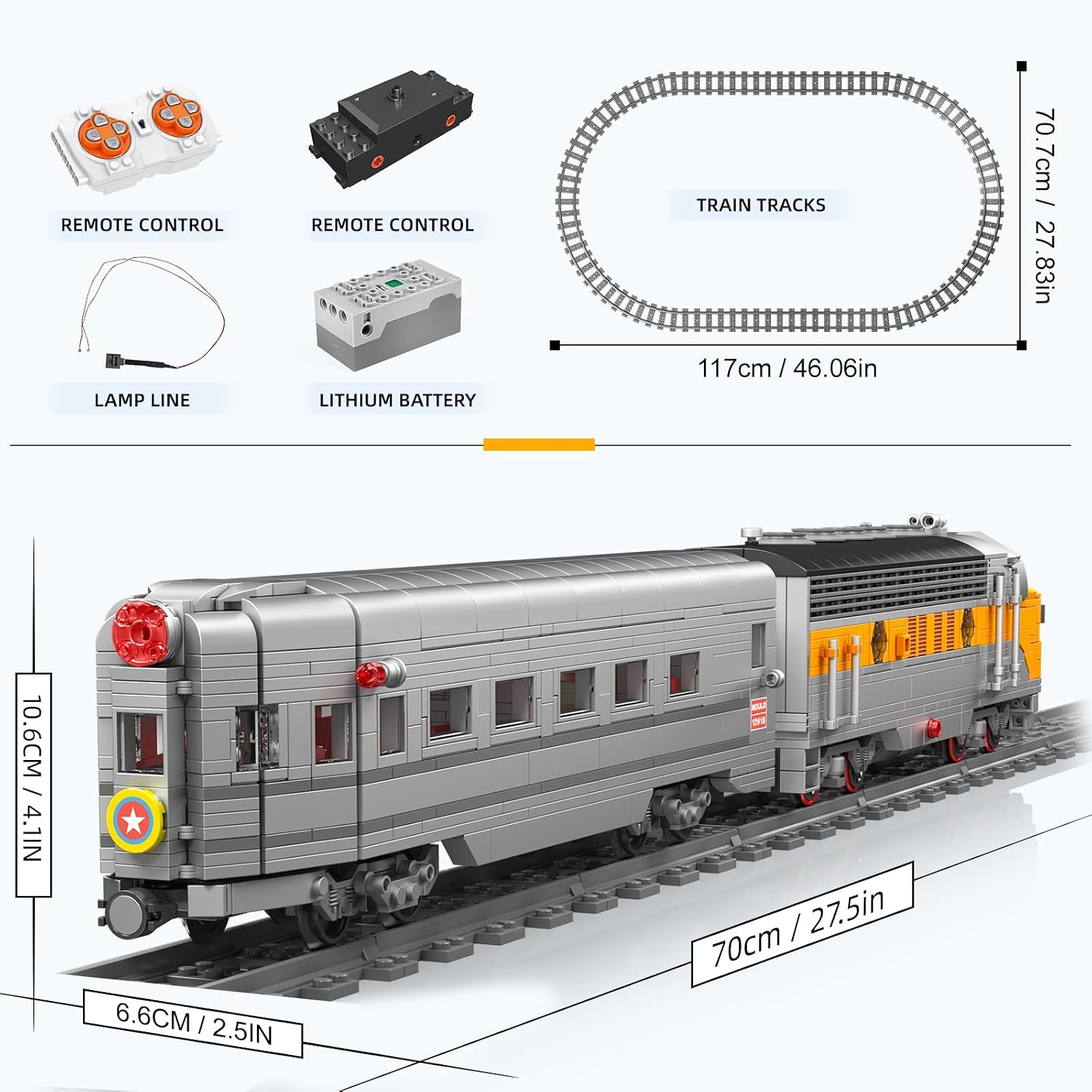 Mould King 12018 Technology Remote Controlled USA EMD F7 WP Diesel Locomotive Railways Train Lighting Building Blocks Set LED Light Building Kit 1541 Piece with Rail Delivery Clamp Blocks Kit