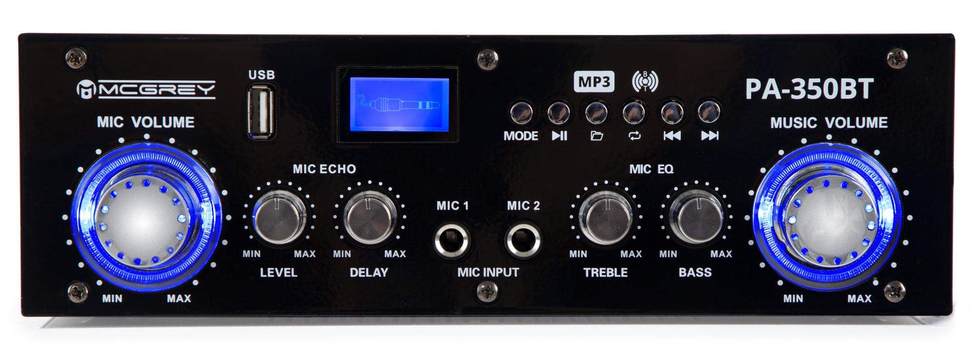 McGrey Wzmacniacz Bluetooth PA-350BT 200 W z USB/MP3, 2 wejścia mikrofonowe, wejście Cinch, idealny na imprezy, karaoke i piwnicę.
