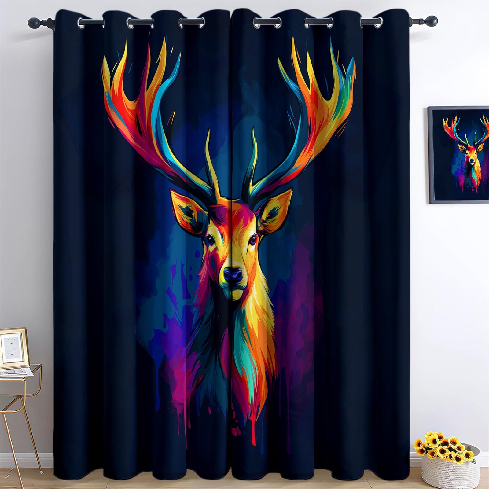 Blackout Cortinas opacas de ciervos coloridos con ojales, color negro, cortinas de poliéster suave para salón, dormitorio, niños, niñas, juego de 2 unidades, 175 x 140 cm