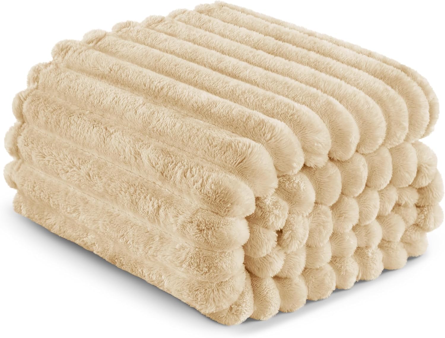 Exclusivo Mezcla Fleece Throw Blanket for Couch, Super Soft Striped Jacquard Bed Blanket, Lightweight Fuzzy Cozy for All Seasons, 50x60 Inches, Beige