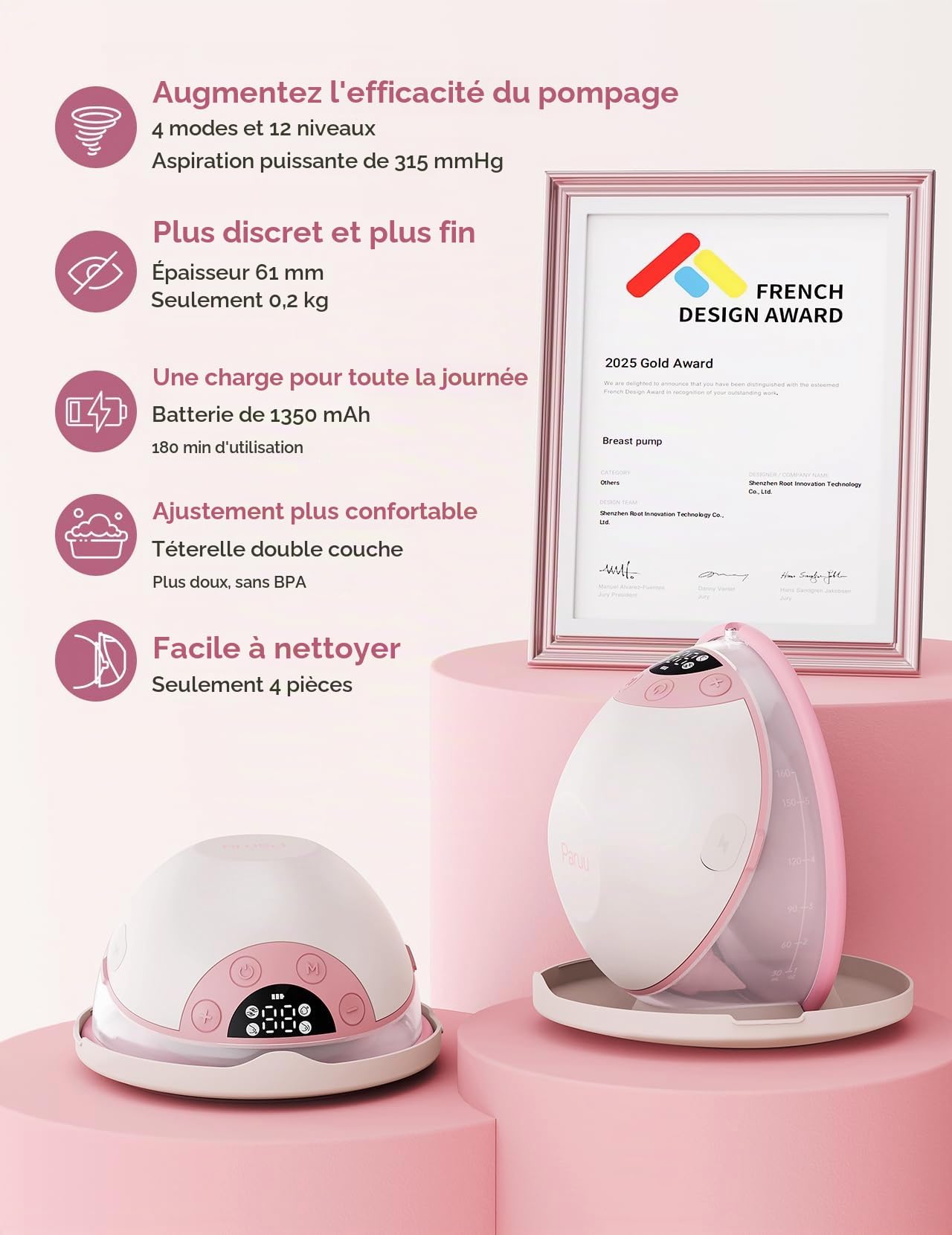 Paruu P20 Tire Lait Electrique Main Libre, Tire-Lait Portable avec 4 Modes et 12 Niveaux, Bride à Double Étanchéité de 19/21/24 mm, Visualisation du Temps et de la Quantité de Lait (1, Rose)