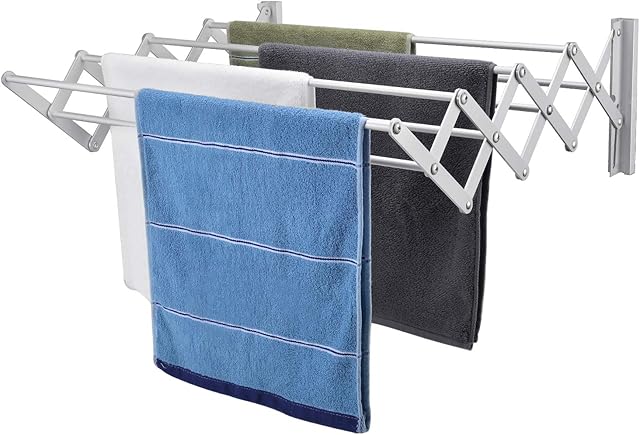 X-cosrack Wall Mount Clothes Drying Rack, Rustproof Accordion Retractable Drying Rack for Laundry Room/Bathroom Tower, 8 Bar Space-Saving Aluminium Alloys Garment Hanger 16.8 Linear Feet Pearl Silver