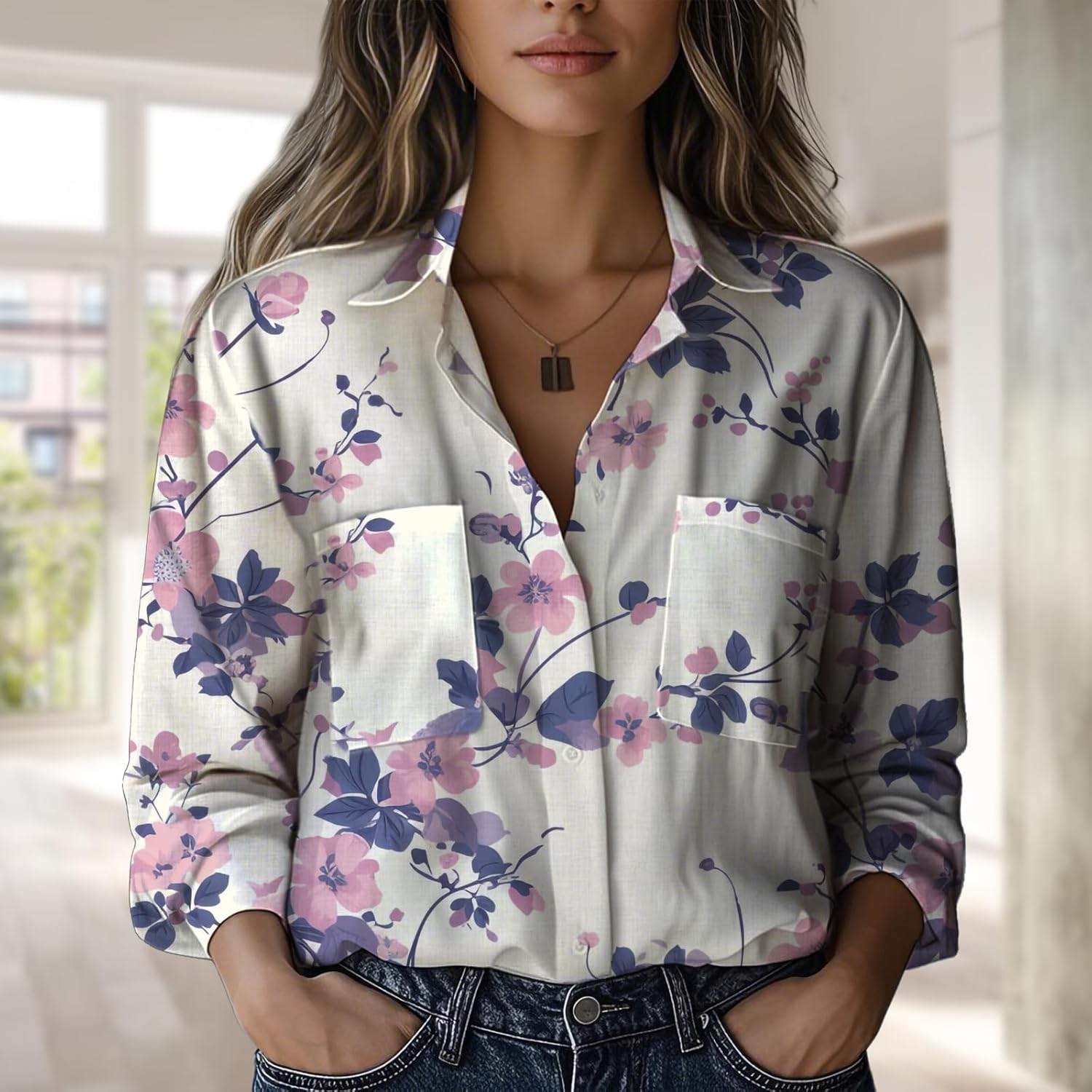 Womens Tops Floral V-Neck Shirts Loose Fitting Comfort Breathable Button Down Blouses Oversized Casual Clothes - Image 2
