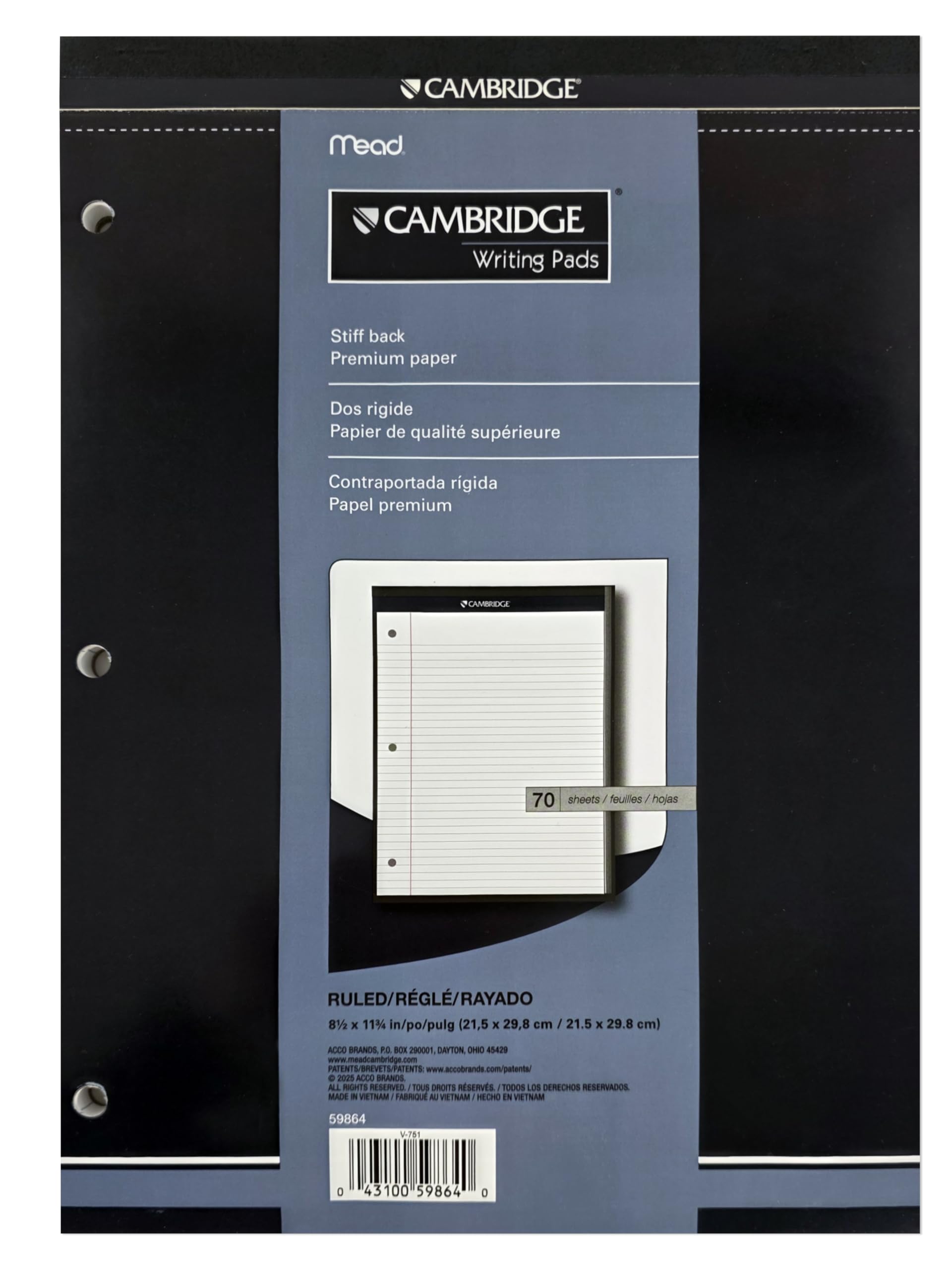 Cambridge Headstrip Office Pad, 8-1/2 X 11-3/4 Inches, Wide Ruled, 3 Hole Punched, 70 Sheets (59864) image 5