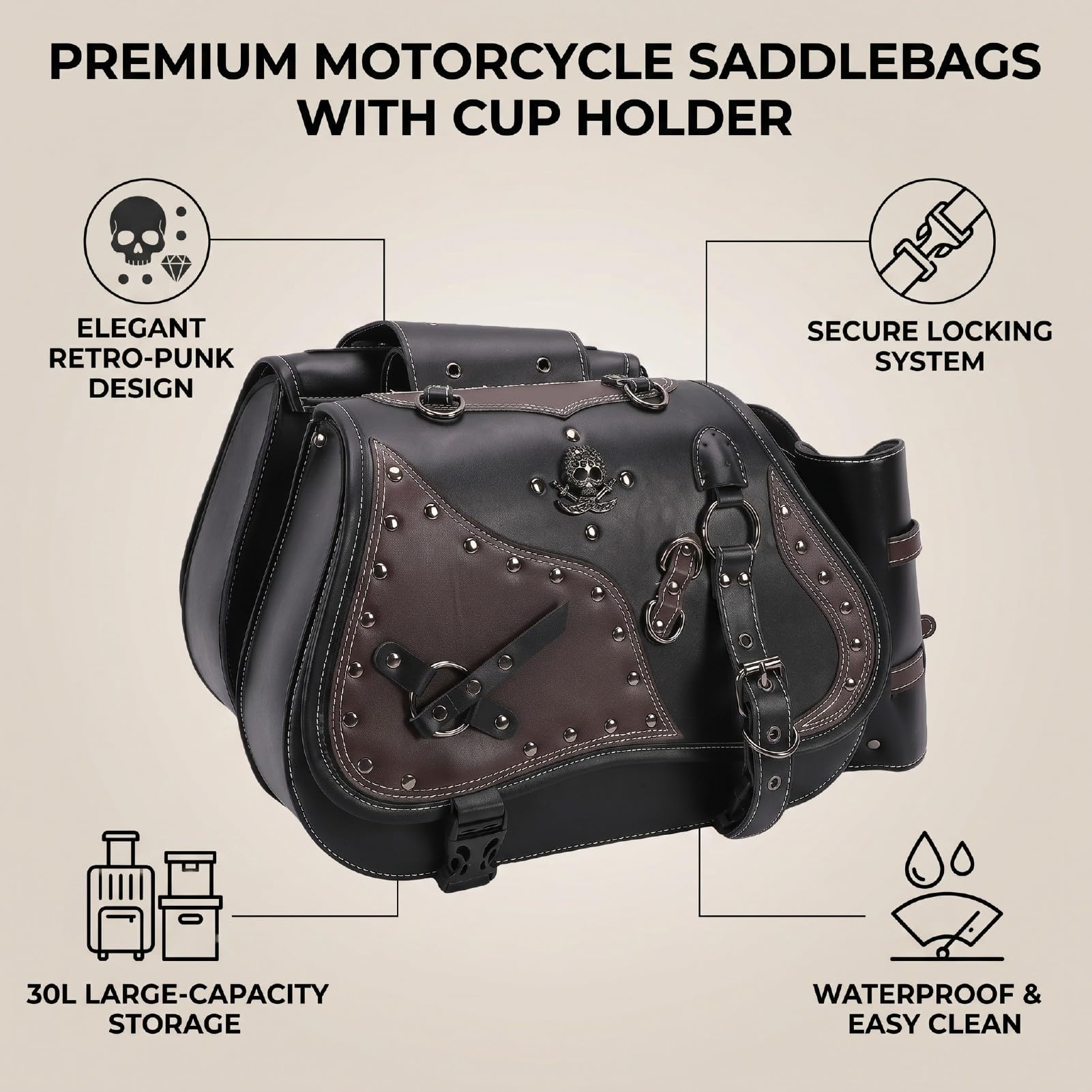 Yctze Uniwersalne Sakwy Motocyklowe 30L PU Skórzane Torby Boczne z klamrą w Kształcie ćwieków do Większości Motocykli Iron Shadow Vulcan