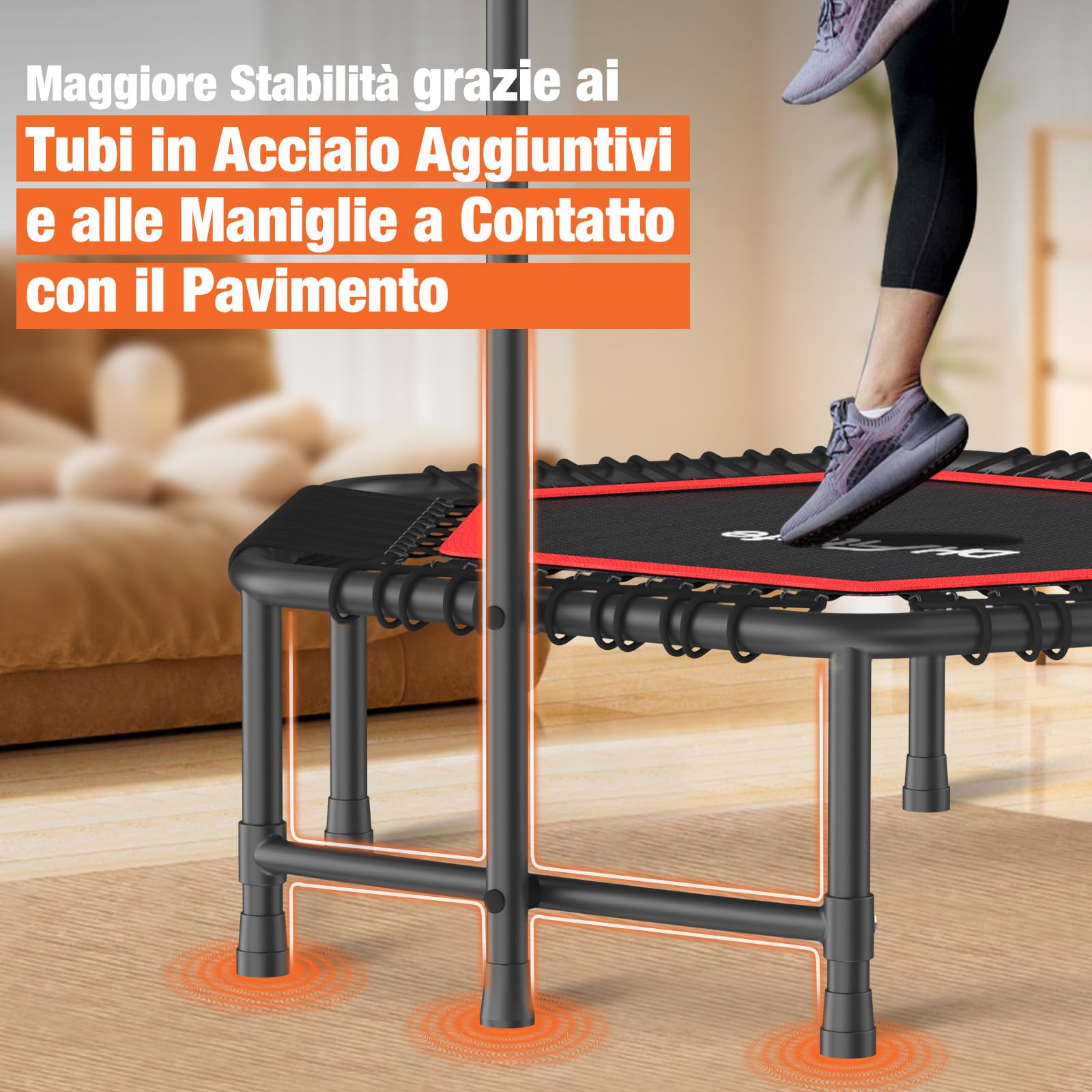 DH FitLife Fitness Trampolino Indoor | Ø 114 cm 45 Pollici Mini Trampolino per Cross Jumping | Portata 150 KG | Manico Regolabile a 3 Livelli | Stabile e Resistente