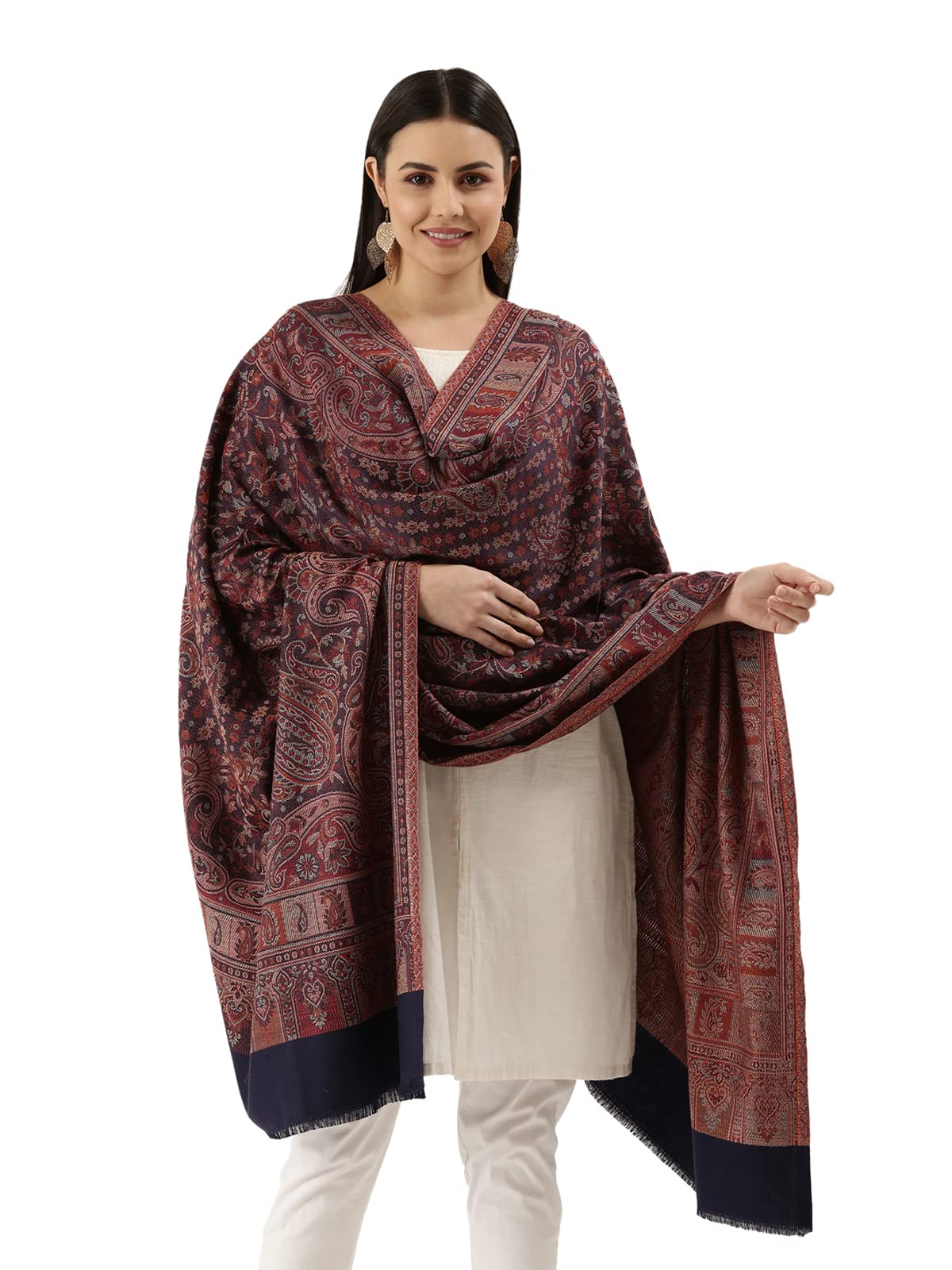 Women Kashmiri Royal Paisley Design Jamawar Shawl, Jacquard Shawls (Size: 101 X 203 CM)