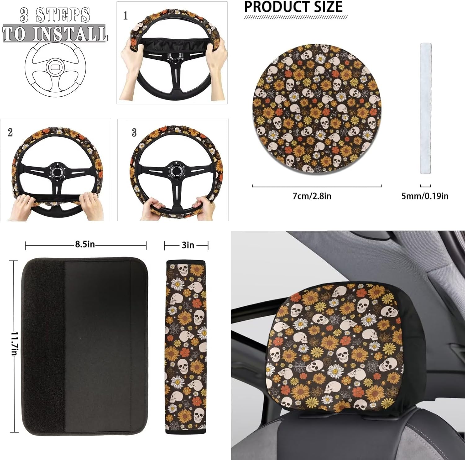 Cottagecore Hippie Daisy Flower Car Accessories Set for Women Girls Halloween Gothic Skeleton Skull Print Steering Wheel Seat Belt Protective Cover Keychain Coasters Headrest Cover,11pcs