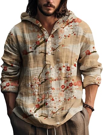 Vintage Hoodies for Men 3 Button Up Artistic Printed Patchwork Loose Fit Ethnic Autumn Pullover Hooded Shirts