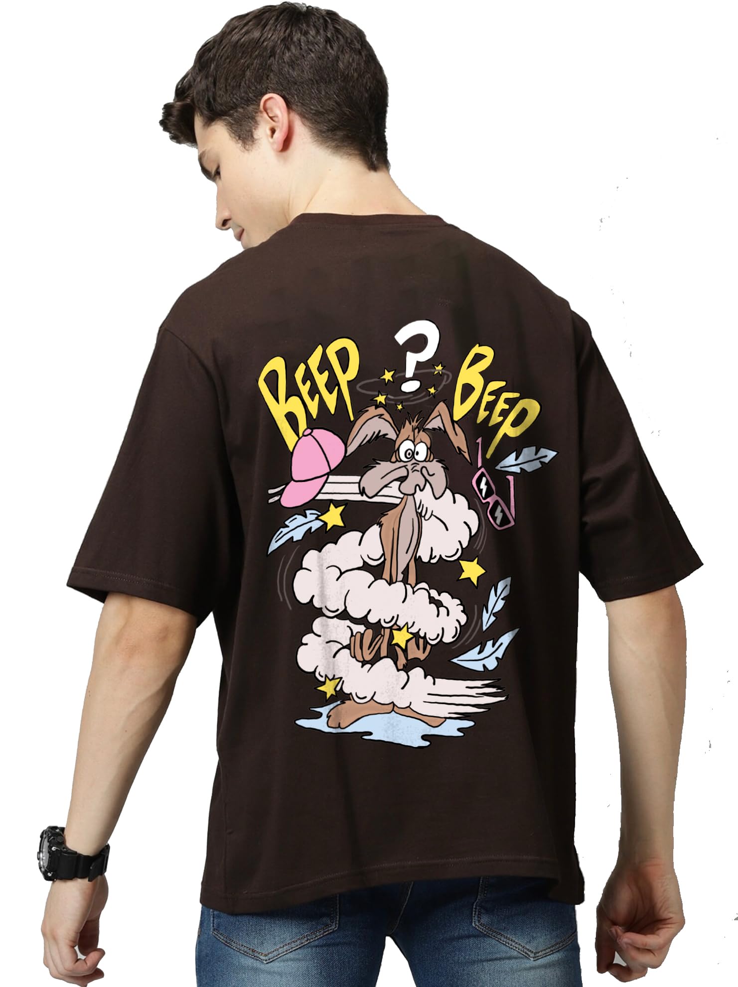 The Zoo Zoo StoreOversized Loose Baggy Fit Drop Shoulder Half Sleeves Cotton Premium Fabric Road Runner Beep Beep Design T-Shirt for Men | Size-L Brown