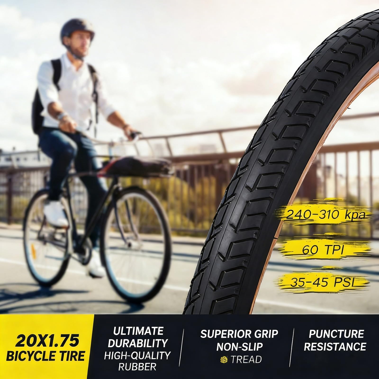2PCS 20x1.75 47-406 Opona Rowerowa, Odporna na Przebicia, 60 TPI, 35-45 PSI, do Rowerów Miejskich, Turystycznych i Górskich, Trwała Gumowa