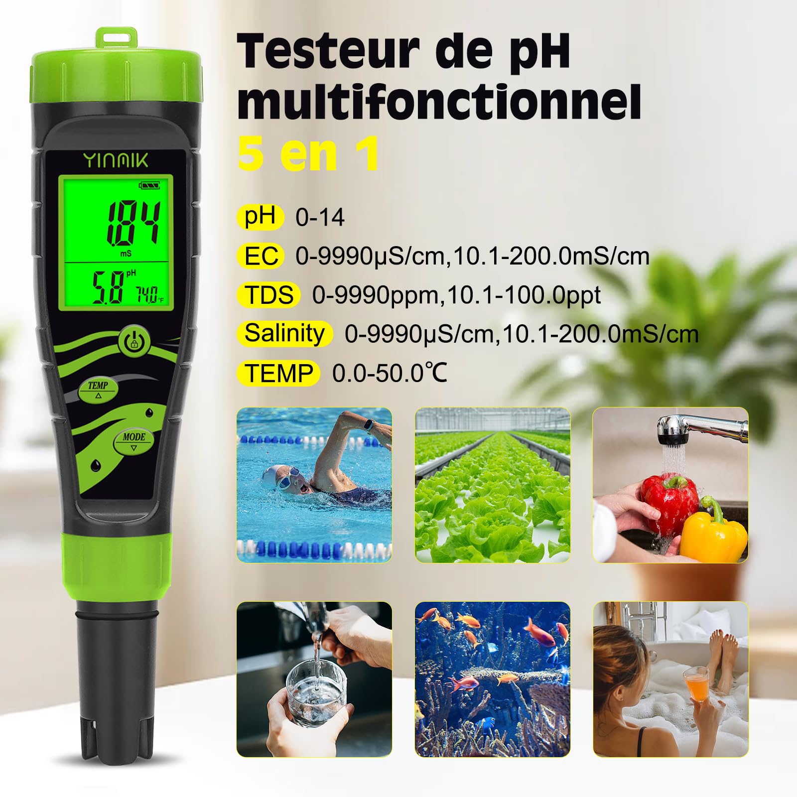 YINMIK pH-Mètre et Sel pour Piscines, Testeur de ph Piscine 5 en 1, Testeur Sel/TDS/EC pour Sel Spa, Hydroponie, Aquariums et Eau Potable