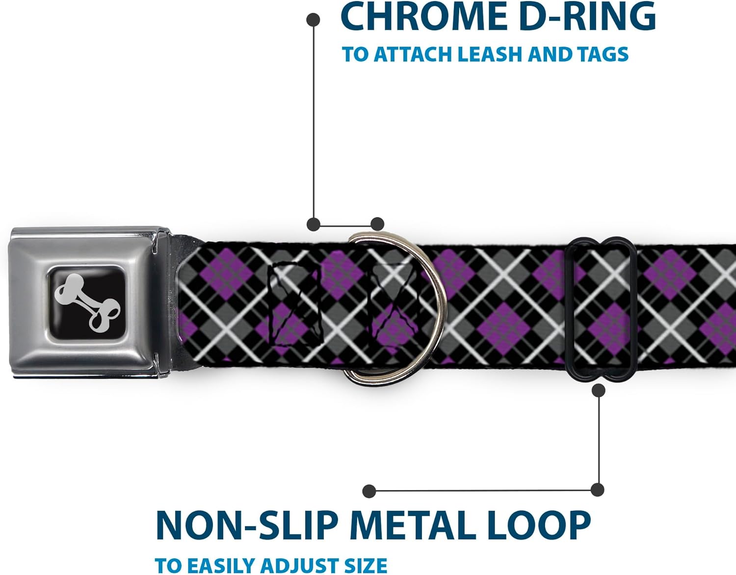 Buckle-Down Seatbelt Buckle Dog Collar - Argyle Black/Gray/Purple - 1" Wide - Fits 11-17" Neck - Medium