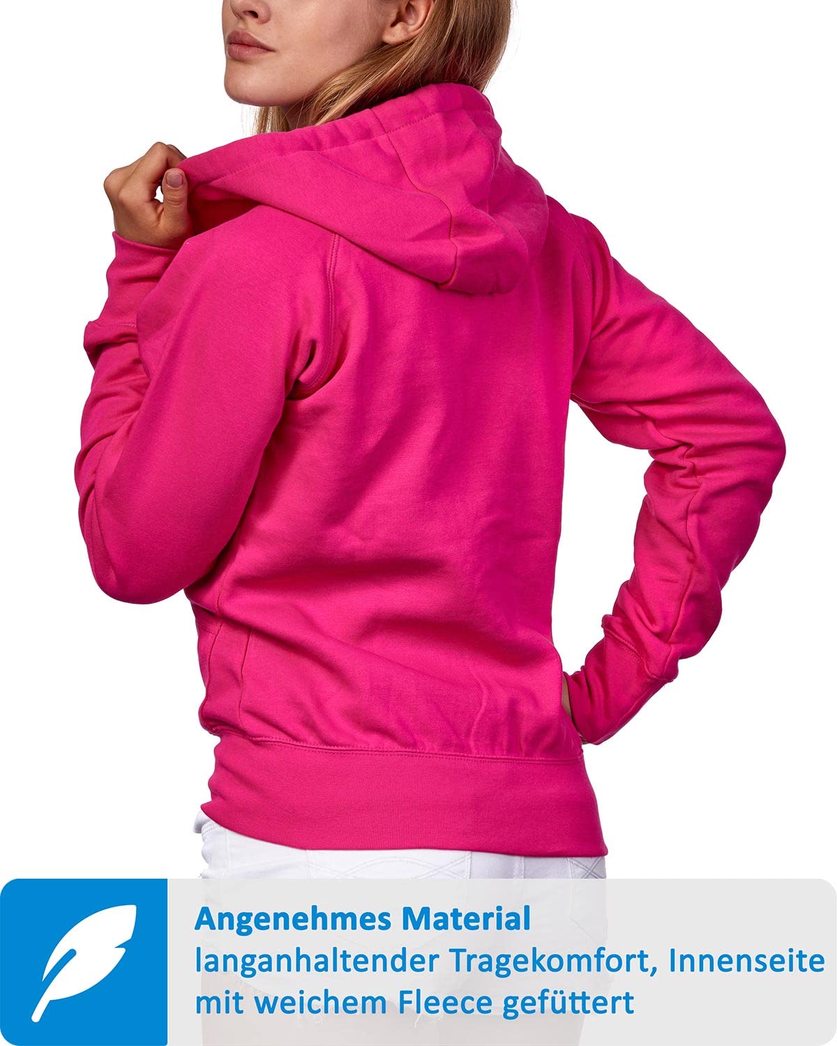Damen Sweatjacke mit Kapuze & langem Reißverschluss - Kapuzenjacke Regular Fit aus Baumwollmischung 300g/m² - Zwei Taschen & Reißverschlussfach, Fleece innen, Sweatshirtjacke sportlich, bequem