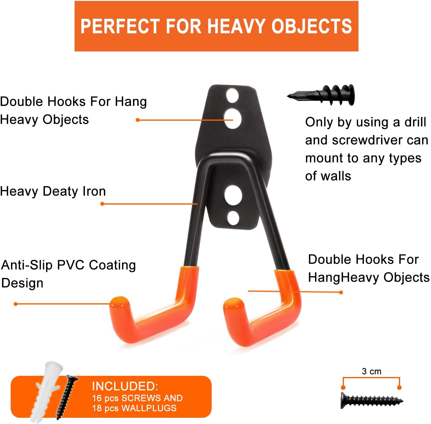 EletecPro 8 Pack Garage Wall Hooks,Steel Multi-Size Extended U-Hook for Heavy Duty Garage Storage Organizers,Bicycle Hanger Utility Hooks with Screws and Wall Anchors (8 PCS Multi-Size Set)