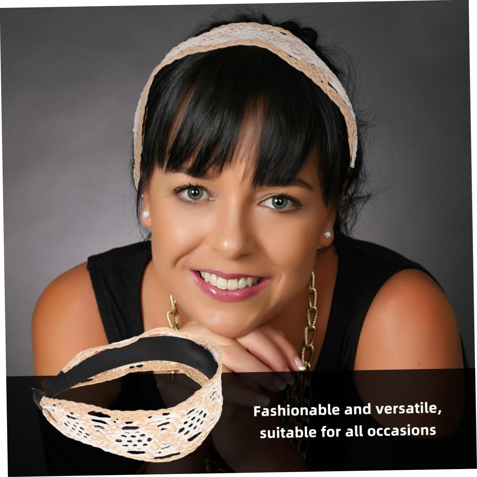 Bandeau Large en Raphia Beige, Serrage-tête Rétro pour Femmes
