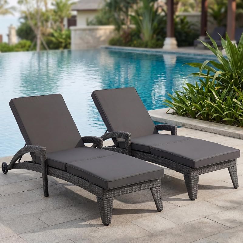 Patio Chaise Lounge Set of 2, Wicker Lounge Chairs Outdoor with Wheels, Wicker Chaise Lounges with Armrests All Weather, Solid Grey