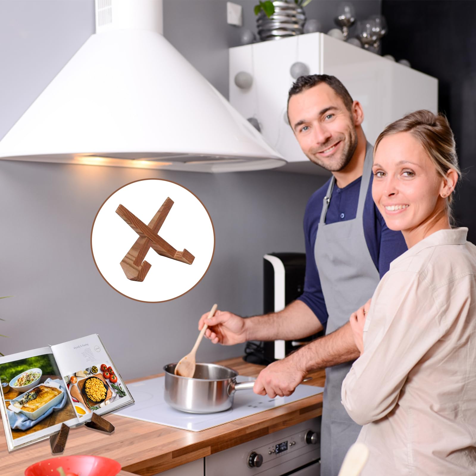 Famini Supporto per libri di ricette, supporto per libri di cucina in legno, supporto per libri di cucina per leggere a mani libere, supporto rustico per leggere documenti da cucina e tablet