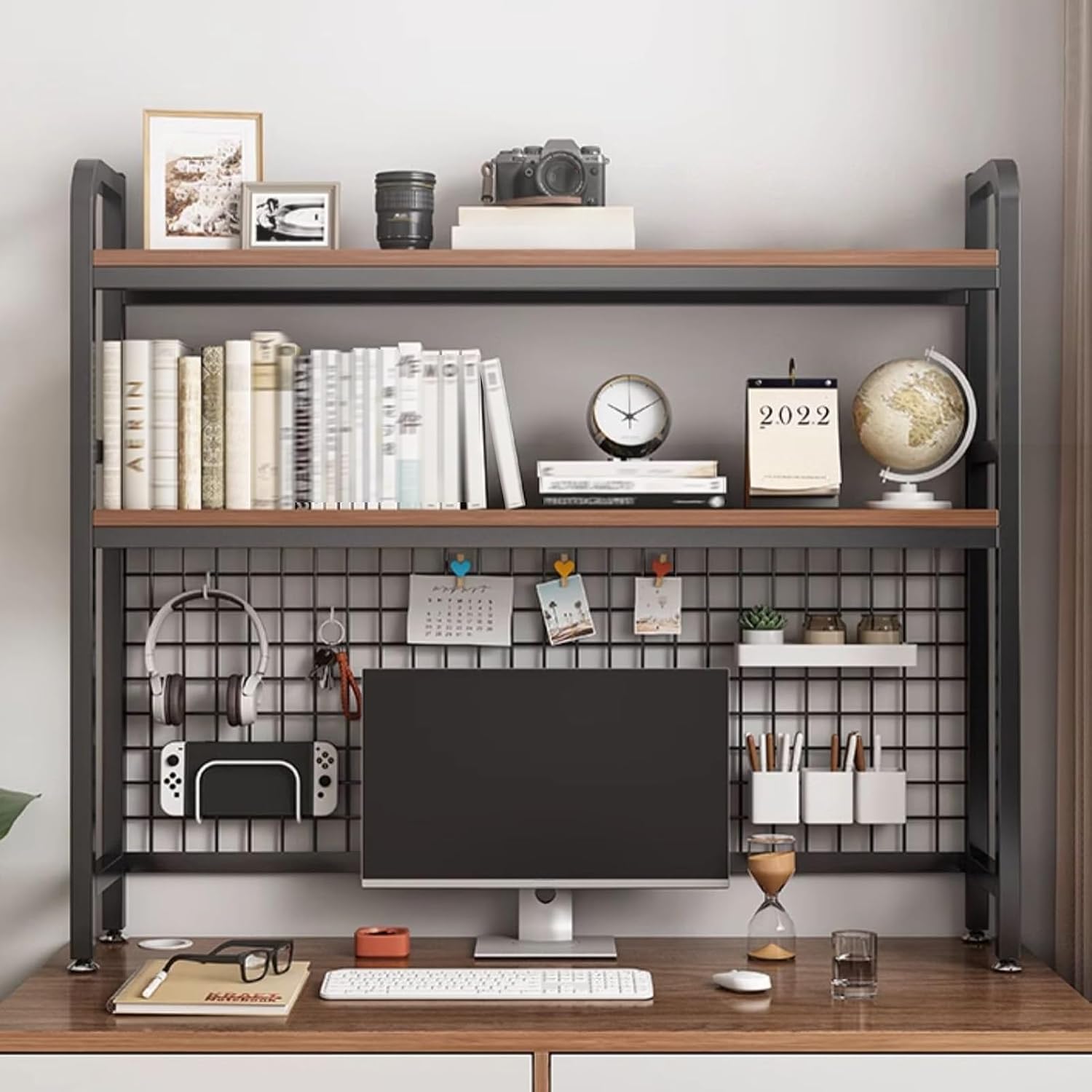 Desktop Bookshelf, Steel Desk Shelf, Computer Desktop Bookcase, with Mesh Storage Area, Office Desktop Organizer, Prevent Tipping, Multifunctional Display Rack, Save Space(Black,3-Tier 45''