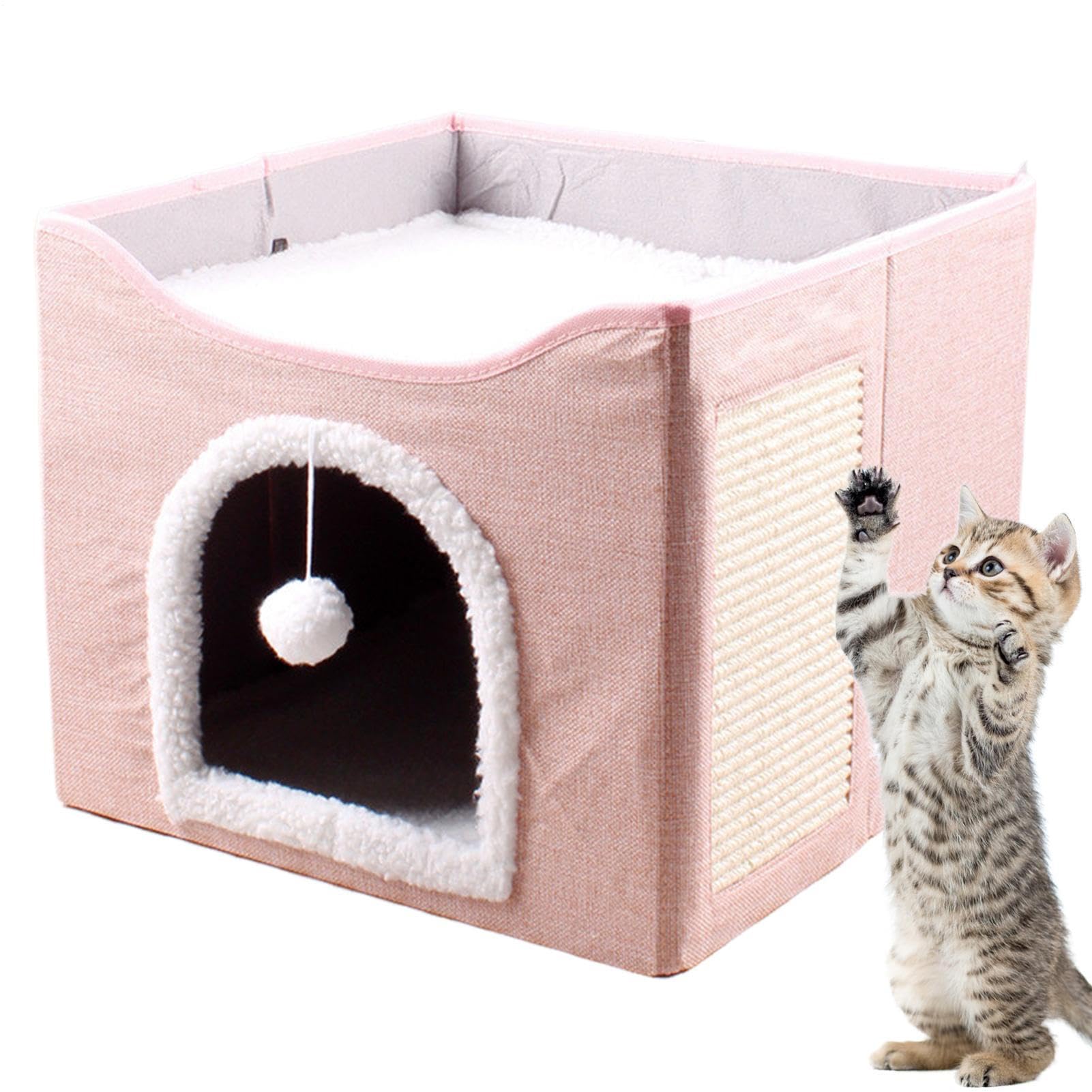 Grotta per gatti – Grande cuccia pieghevole per gatti, tenda per dormire, cubo per animali domestici con palla di peluche e cuscinetto antigraffio, per animali domestici