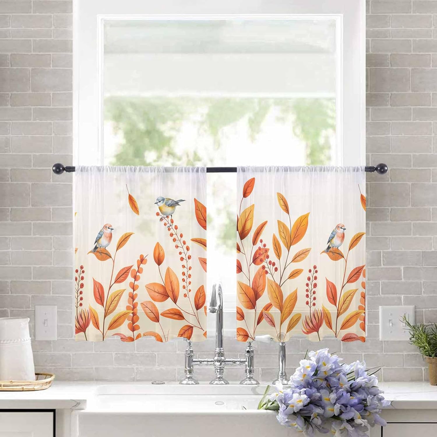 Orange Leaf Bird 2 PCS Semi-Sheer Curtains 45 Inches Long Fall Autumn American Cottage Berry Plant - Rod Pocket Voile Panels, Window Drape Chiffon Fabric Sheer Curtains for Living Room Bedroom, 104x45