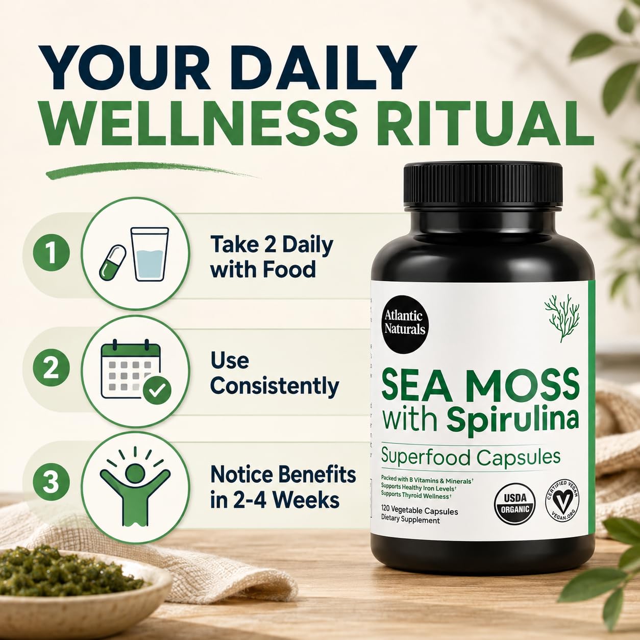 Sea Moss with Spirulina Capsules – Irish Sea Moss & Blue-Green Algae Superfood – Iron, Immune & Energy Support – Alternative to Sea Moss Gel & Spirulina Powder – 120 ct — Amazon image 4