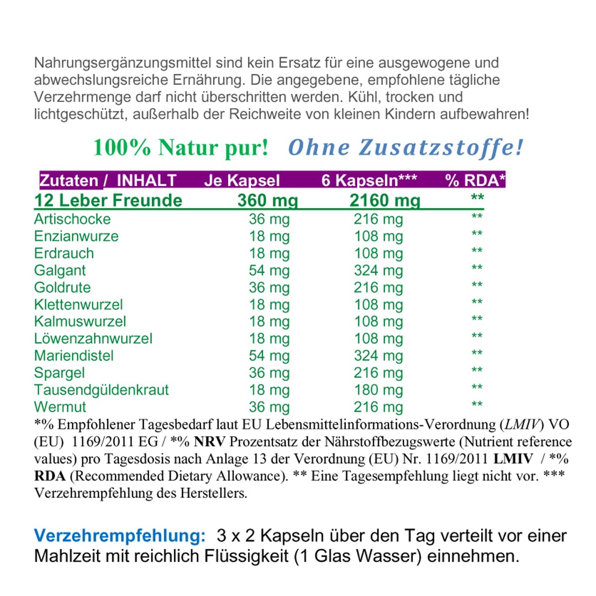 LEBER Vital Komplex 180 KAPSELN 12 Leberfreunde plus Leberkräuter Bitterkräuter Bitterstoffe MARIENDISTEL ARTISCHOCKE LÖWENZAHN WERMUT ENZIAN...100% NATUR pur. OHNE Zusatzstoffe 26313