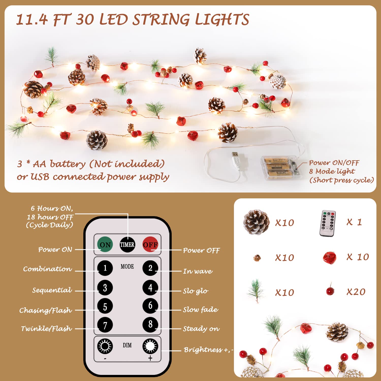 Guirnalda de Navidad, guirnalda de 30 luces LED de cono de pino de bayas rojas, decoración de árbol de Navidad, guirnalda de Navidad con luces, decoraciones de Navidad para interiores para decoración