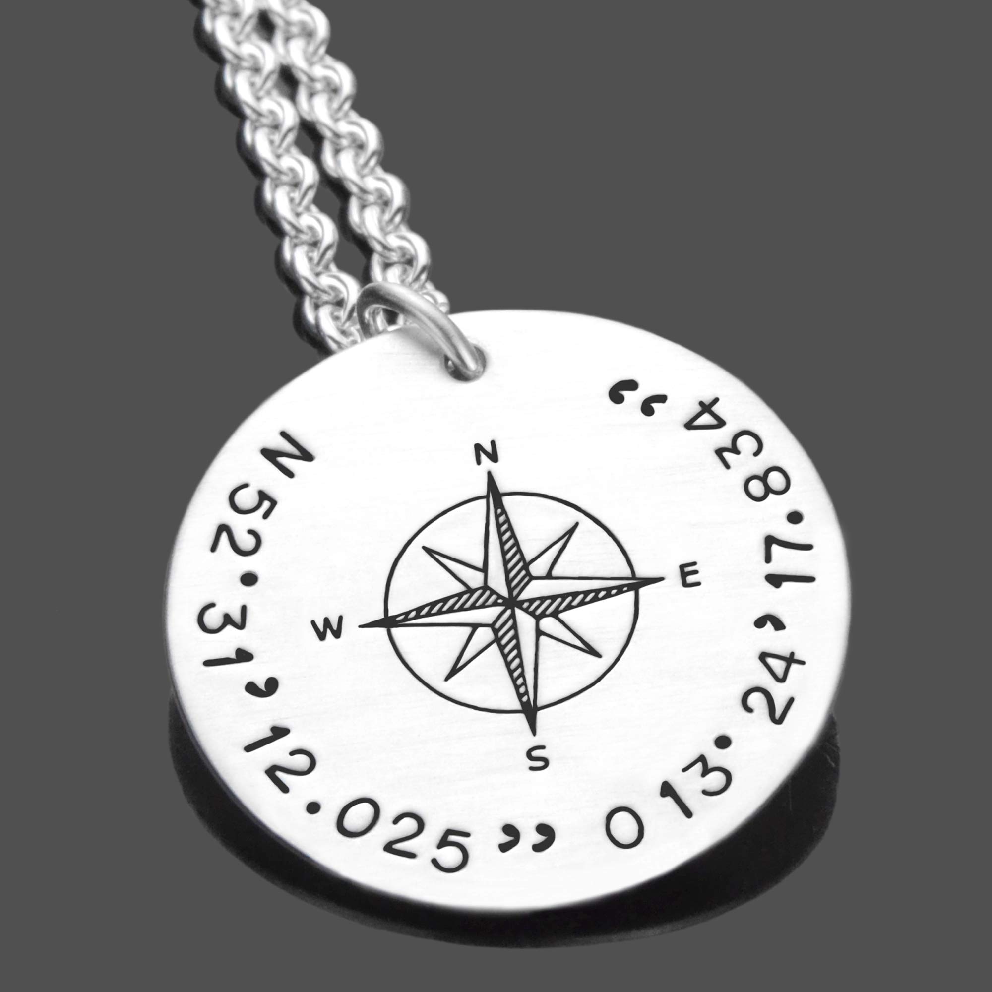 Herren Kette Männerkette Koordinaten personalisiert GPS Silberkette Gravur Kompass Geschenk Mann Lieblingsort