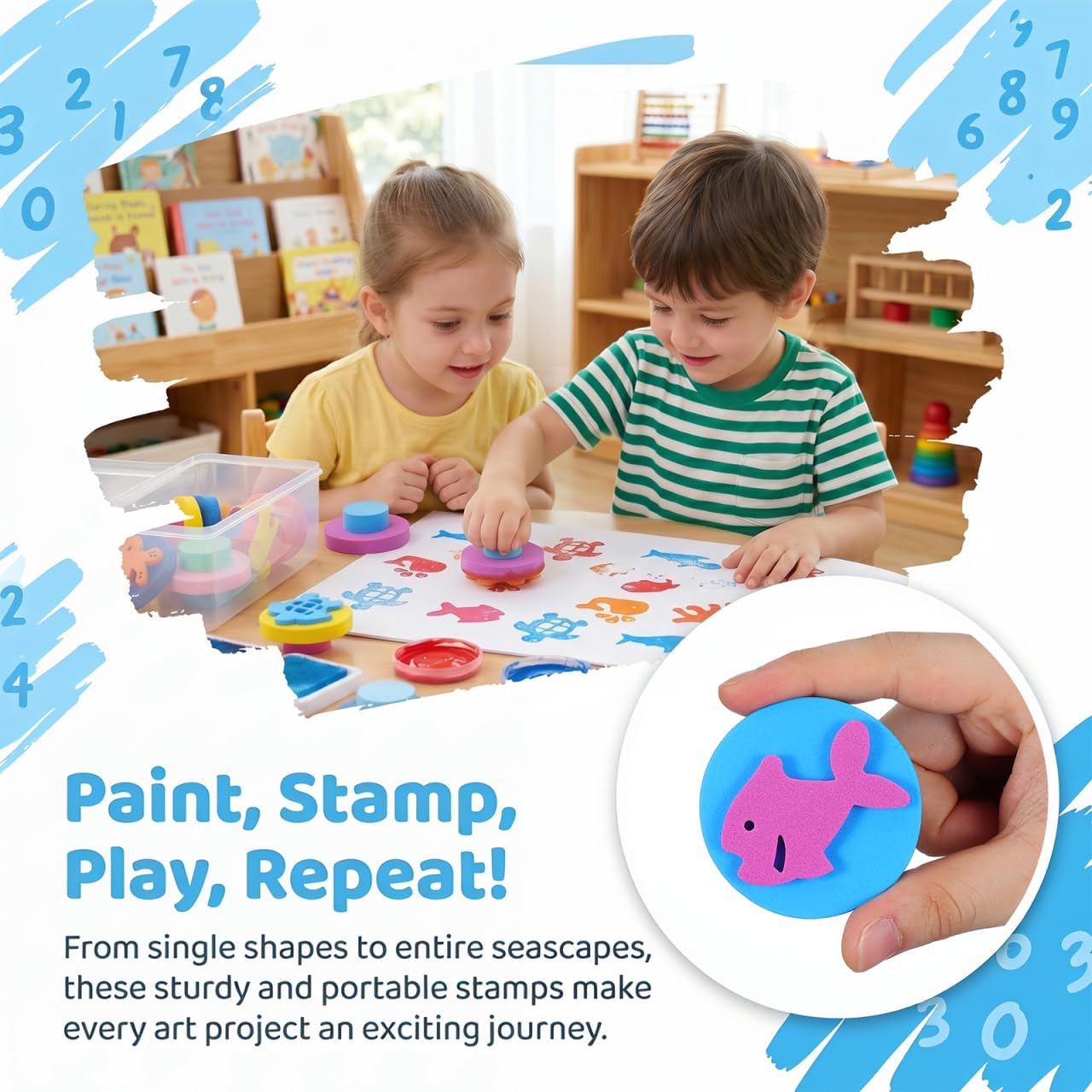 NUOBESTY Painting Sponge Seal DIY Set for Kids 6-Piece Ocean Animal Foam Stamps Portable Art Sponges Easy to Clean for Preschool and Kindergarten Crafts