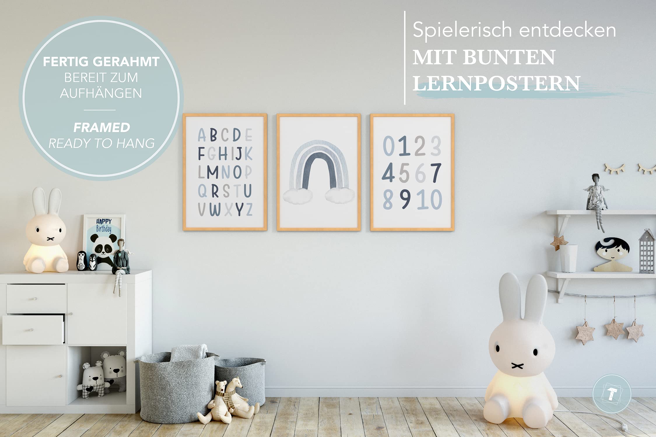 Lot de 3 posters d'apprentissage, A3 (30x42 cm) encadré d'un cadre en bois naturel, cadeau pour garçons chambre d’enfant Préscolaire, lettres de l'alphabet, chiffres ABC bleu arc-en-ciel