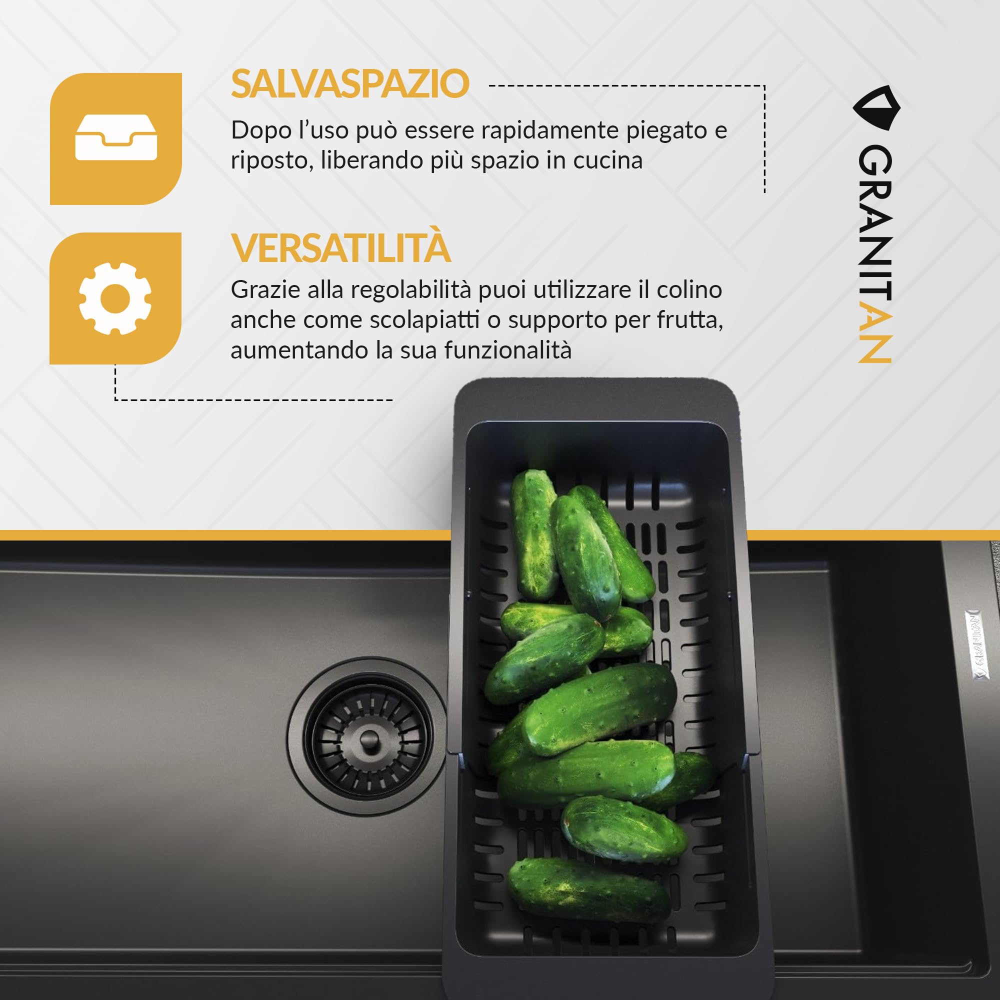 Cestino per Lavandino Cucina per Frutta e Verdura - Regolabile (32-46 cm) Gocciolatoio per Lavello - Scolapasta da Lavello - Nero - Granitan