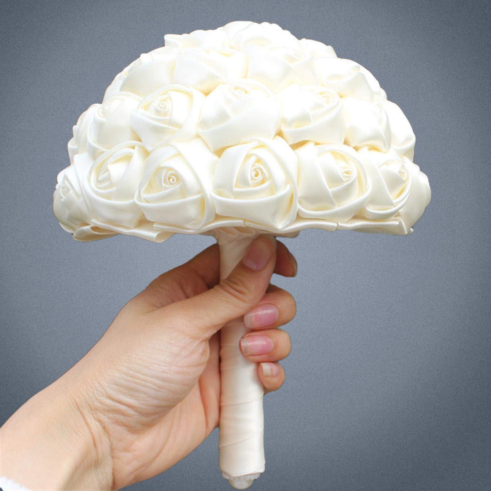 Bouquet de mariée en Soie Ivoire, pour Demoiselle d'honneur/mariée, avec Support en Satin Bleu lac, 15 cm de diamètre, Motif pastèque 18 cm.