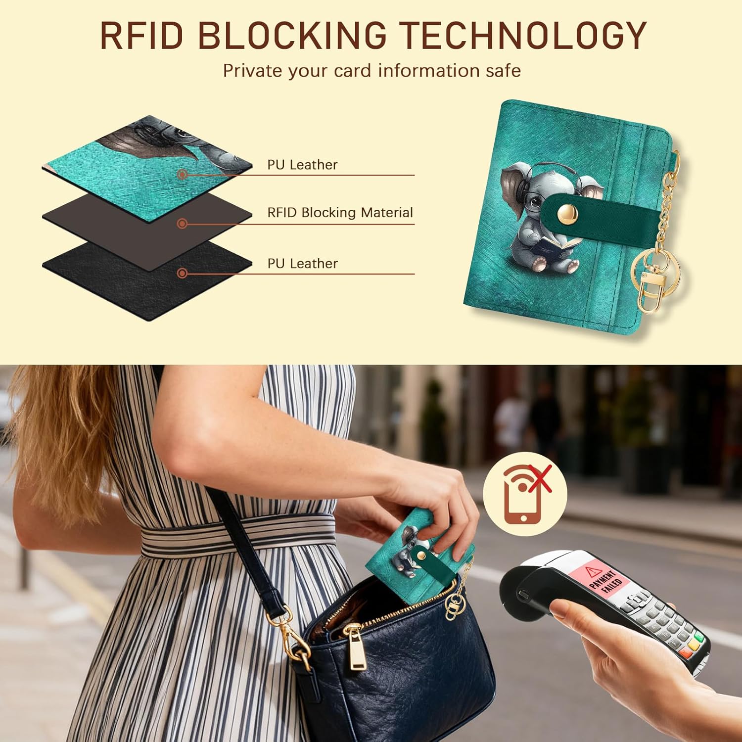 Elephant Rfid Women Wallet, Small Slim Thin Credit Card Wallet, PU Leather Bifold Cash Zipper Coin Pocket ID Window for Female Ladies Teen Girls Girly - Image 3