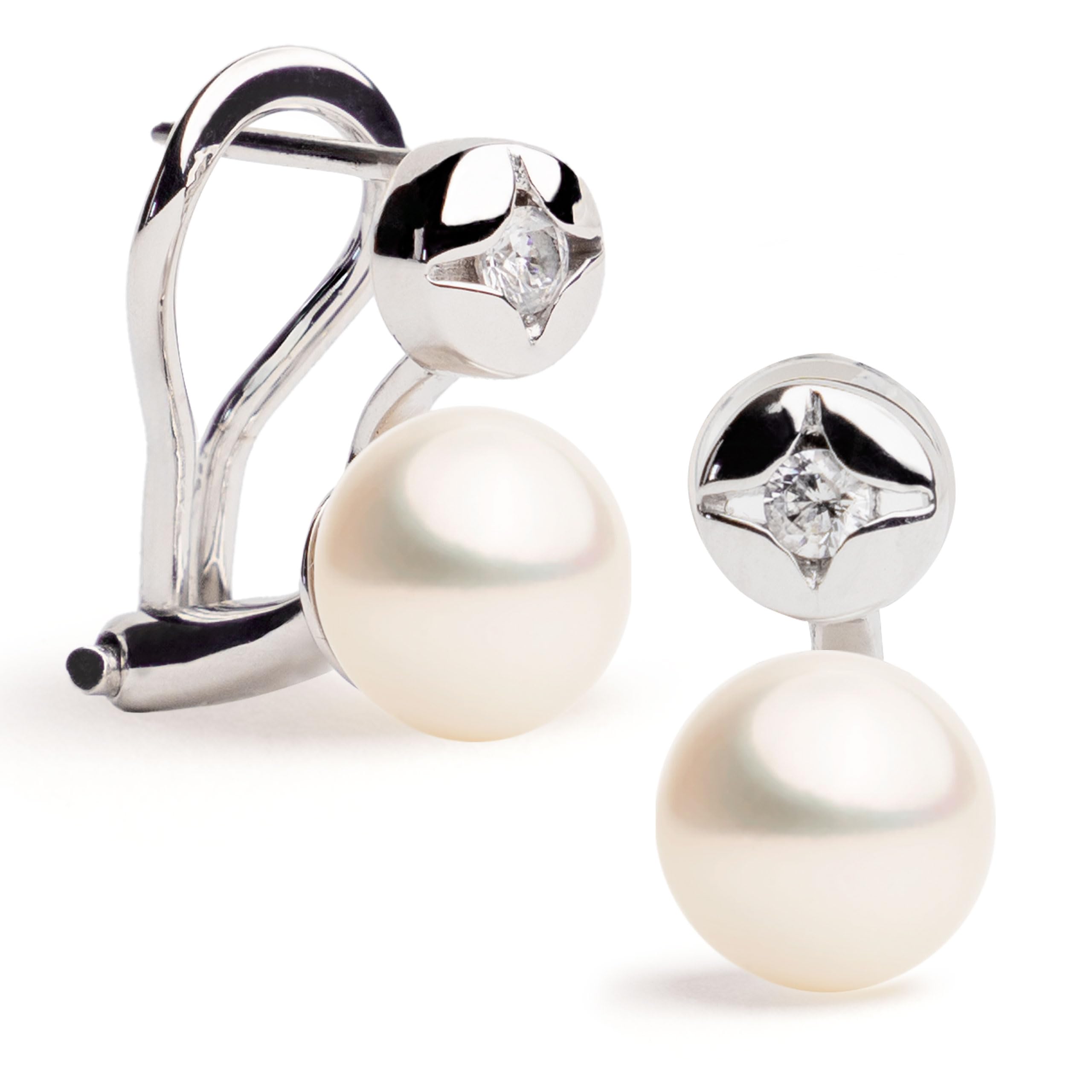 SECRET & YOU Pendientes Mujer Perlas Cultivadas de Agua Dulce Botón y Circonitas | Diseño Tú y Yo | Plata de Ley 925 Bañada en Rodio