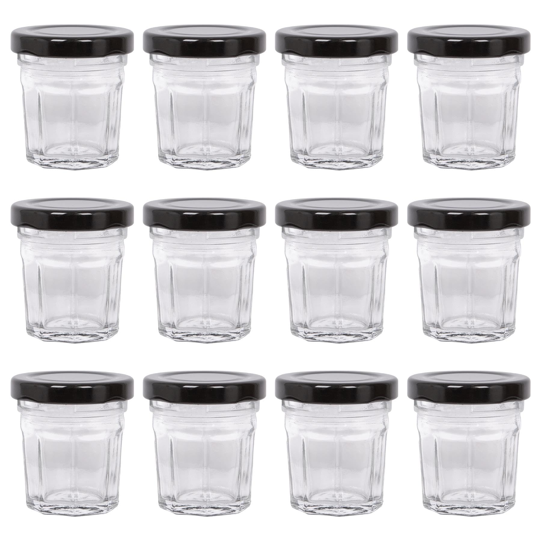 Argon Tableware Glass Jam Jars with Airtight Black Lids - 30ml - Pack of 12 - Empty Screw Top Kitchen Storage Jar for Food, Honey, Spice, Pickling, Preserving, Candle Making