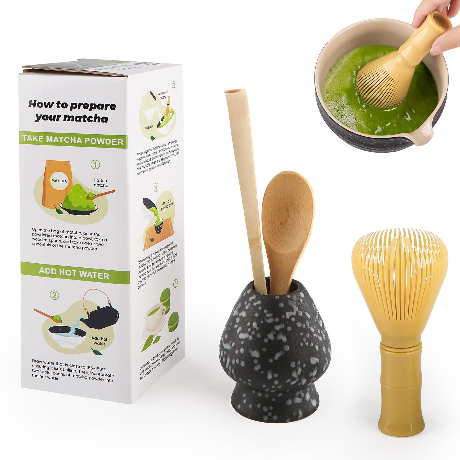 4 Piece Matcha Japanese Ceremony Set, Resin Matcha Whisk, Bamboo Spoon, Bamboo Scoop, Whisk Stand, Perfect Set for Preparing, Yellow - Speckled Black