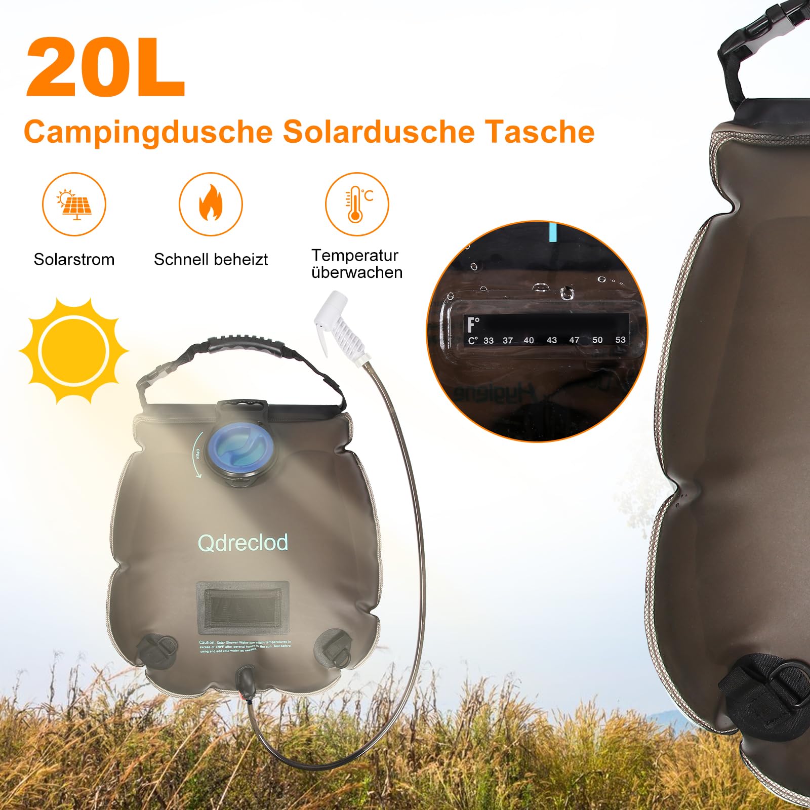 Qdreclod Sac De Douche Solaire Camping – 20 L – Thermomètre Intégré – Pommeau On/Off – Pliable Et Léger – Pour Plein Air