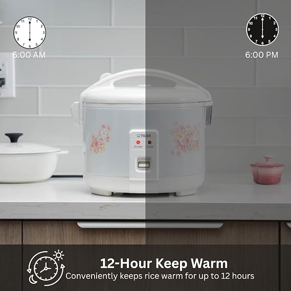Tiger JNP-1000-LF 5.5 Cup Capacity White Rice Cooker with Non-Stick Inner Pot, Retractable Power Cord, and Keep Warm up to 12 hours (Flower)