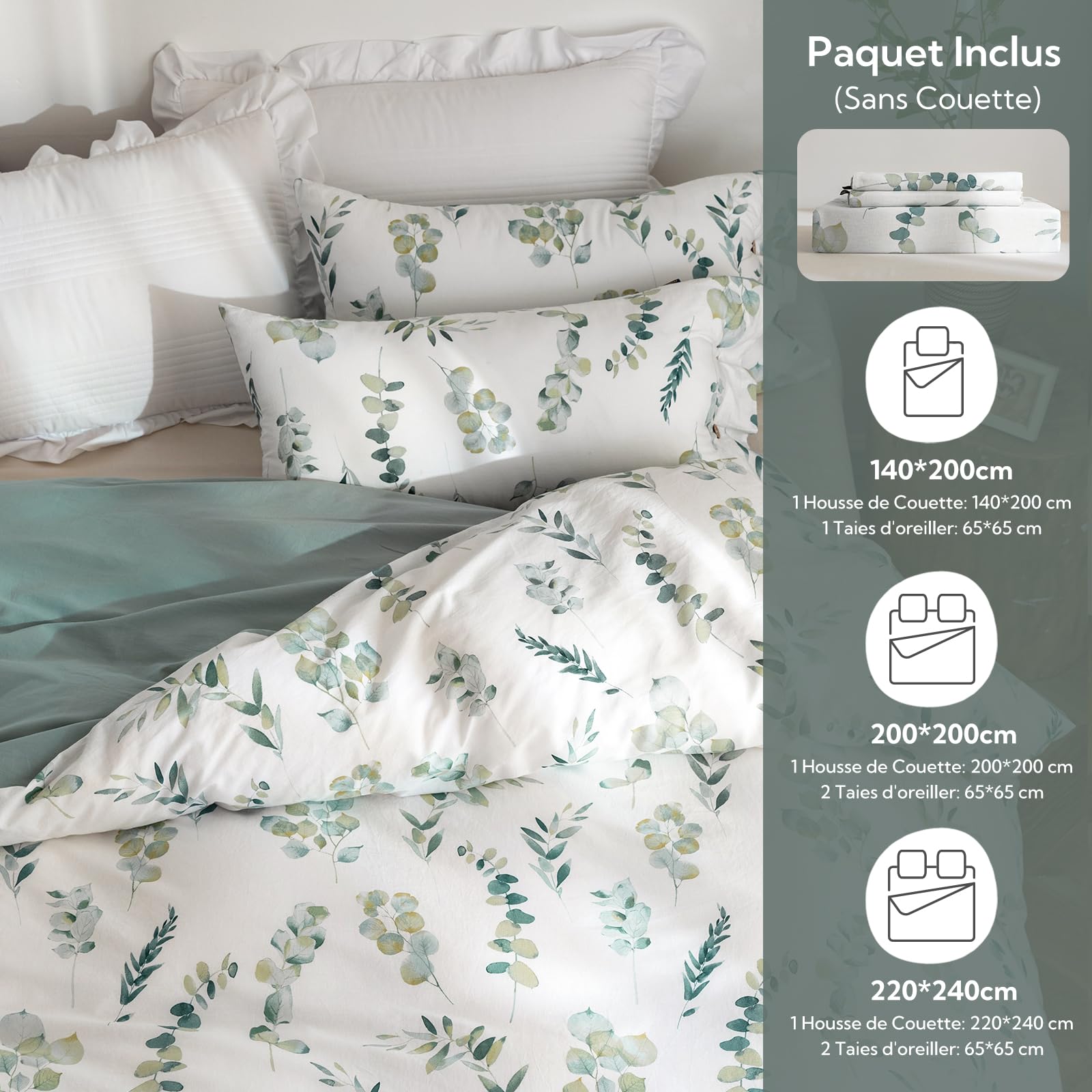MILDLY Housse de Couette 220x240 Coton - Design Motif Botanique, 100% Coton Lavé, Certifié Oeko-TEX, Vert Sauge Motif Feuilles Parure de Lit 2 Personnes 220x240 Coton avec 2 Taies d'oreiller 65x65 cm
